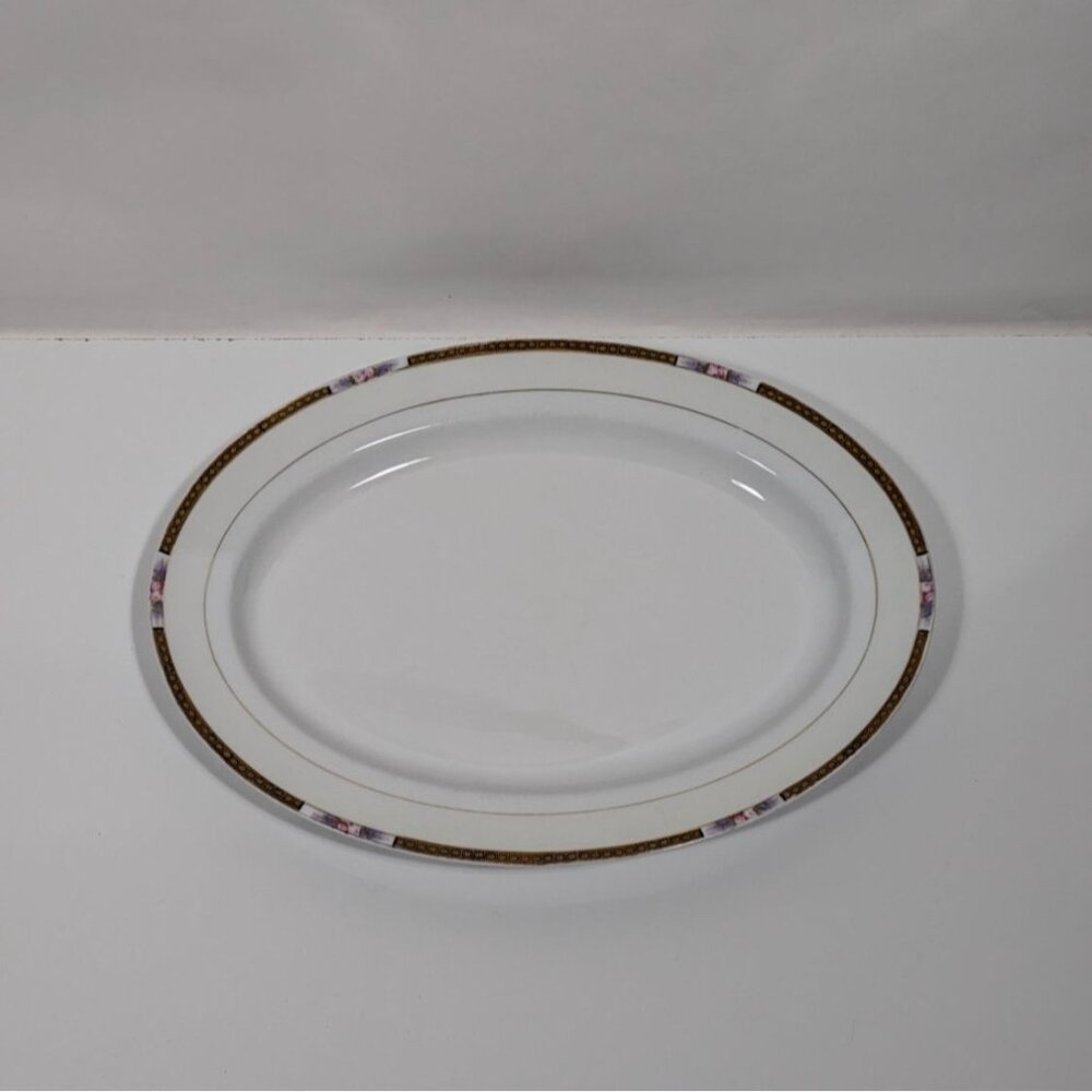 Noritake Chanossa Oval Serving Platter Porcelain Gold Floral Trim Vintage